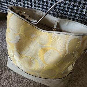 Coach Signature Yellow Jacquard Tote Bag Cream Pebbled Leather Trim